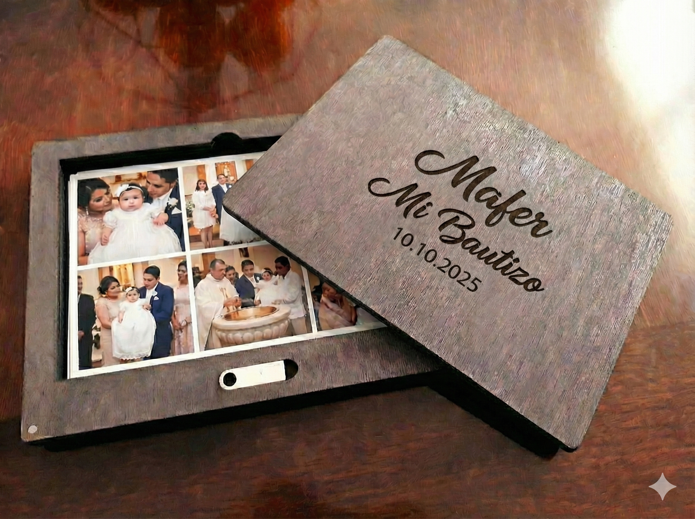 Caja de madera con fotografías y USB